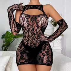 SELENE™ – czarna sukienka z siateczki z rękawiczkami, przód