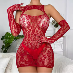 SELENE™ – czerwona sukienka z siateczki z rękawiczkami, przód