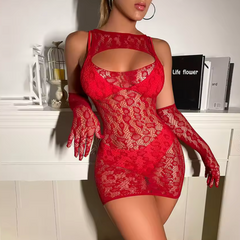 SELENE™ – czerwona sukienka z siateczki z rękawiczkami
